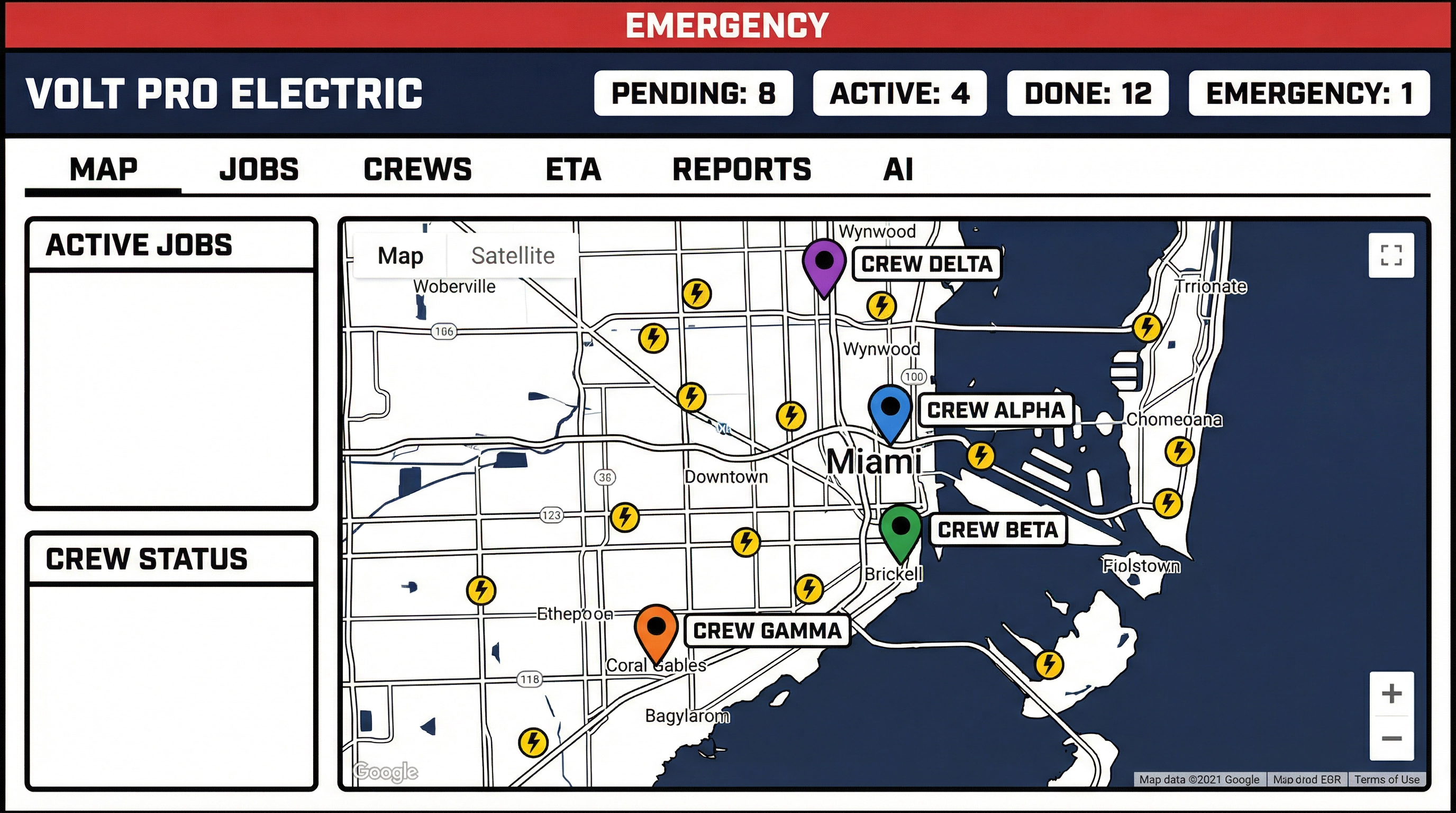 Live dispatcher map - real-time GPS crew locations